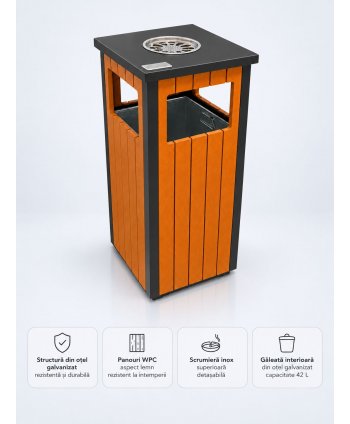 Coș stradal urban compact 42 L cu scrumieră, pentru parcuri și spații publice