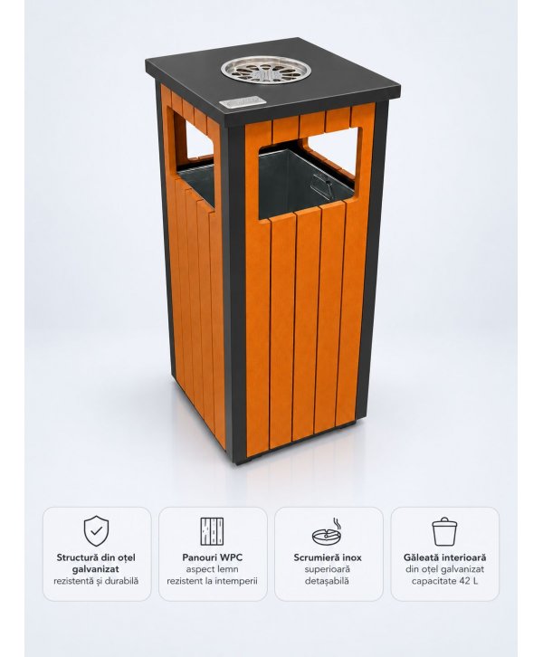 Coș stradal urban compact 42 L cu scrumieră, pentru parcuri și spații publice Coș stradal urban compact 42 L cu scrumieră, pentru parcuri și spații publice