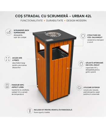 Coș stradal urban compact 42 L cu scrumieră, pentru parcuri și spații publice