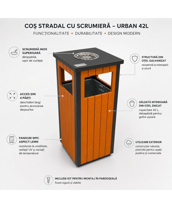 Coș stradal urban compact 42 L cu scrumieră, pentru parcuri și spații publice Coș stradal urban compact 42 L cu scrumieră, pentru parcuri și spații publice