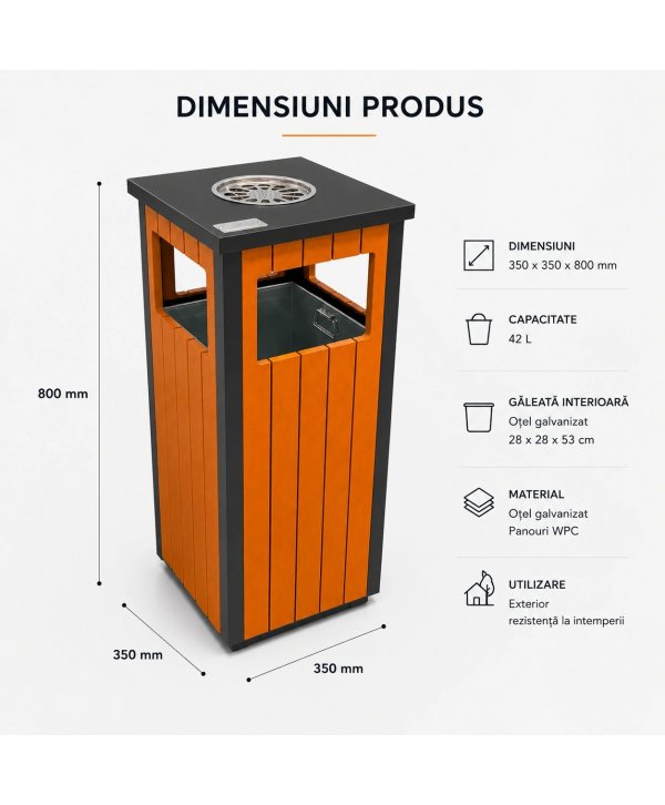 Coș stradal urban compact 42 L cu scrumieră, pentru parcuri și spații publice Coș stradal urban compact 42 L cu scrumieră, pentru parcuri și spații publice