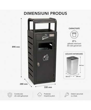 Coș stradal urban cu scrumieră și sistem antivandalism, negru