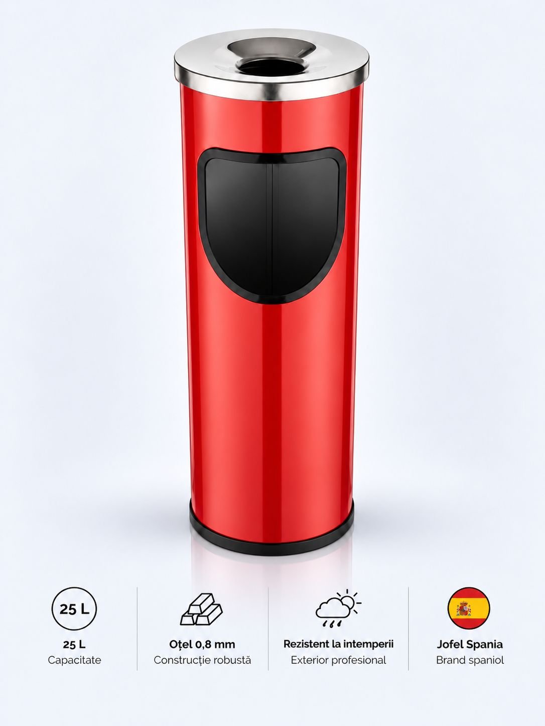 Coș de gunoi Jofel Premium 25 L cu scrumieră din inox integrată, Red