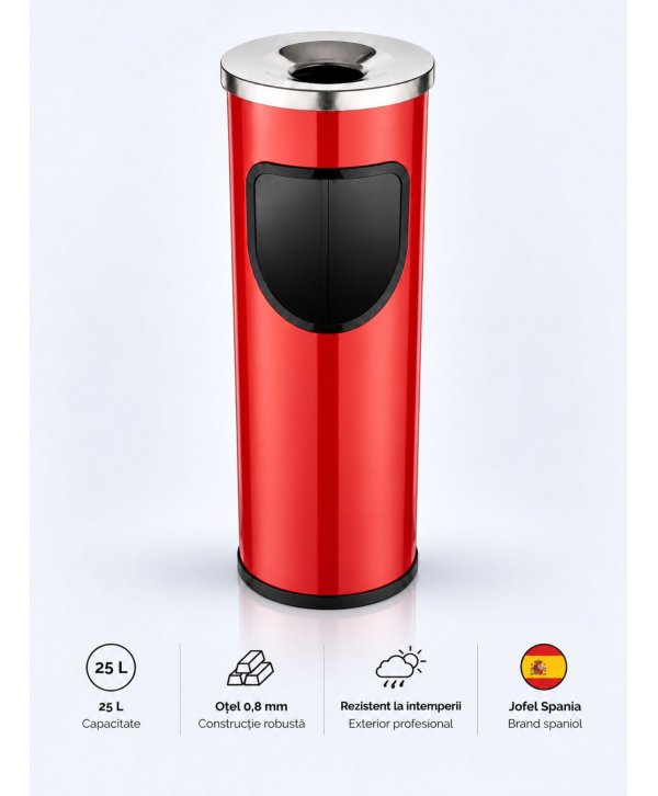 Coș de gunoi Jofel Premium 25 L cu scrumieră din inox integrată, Red