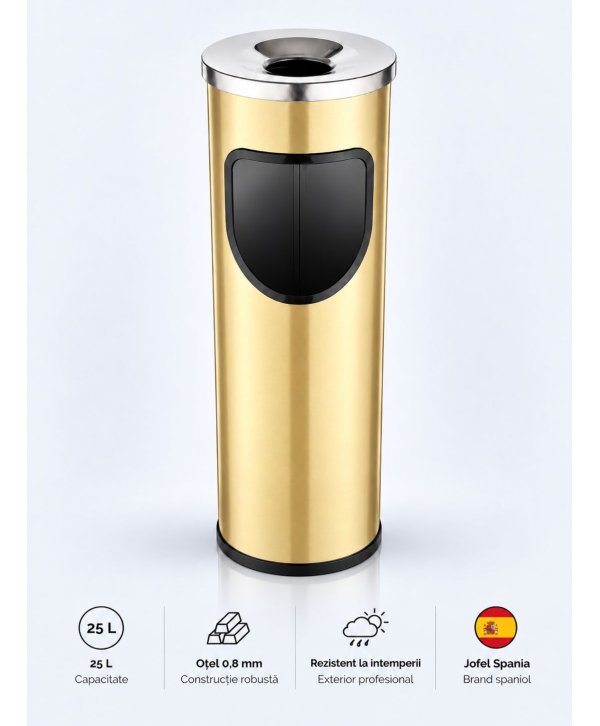 Coș de gunoi Jofel Premium 25 L cu scrumieră din inox integrată, Gold