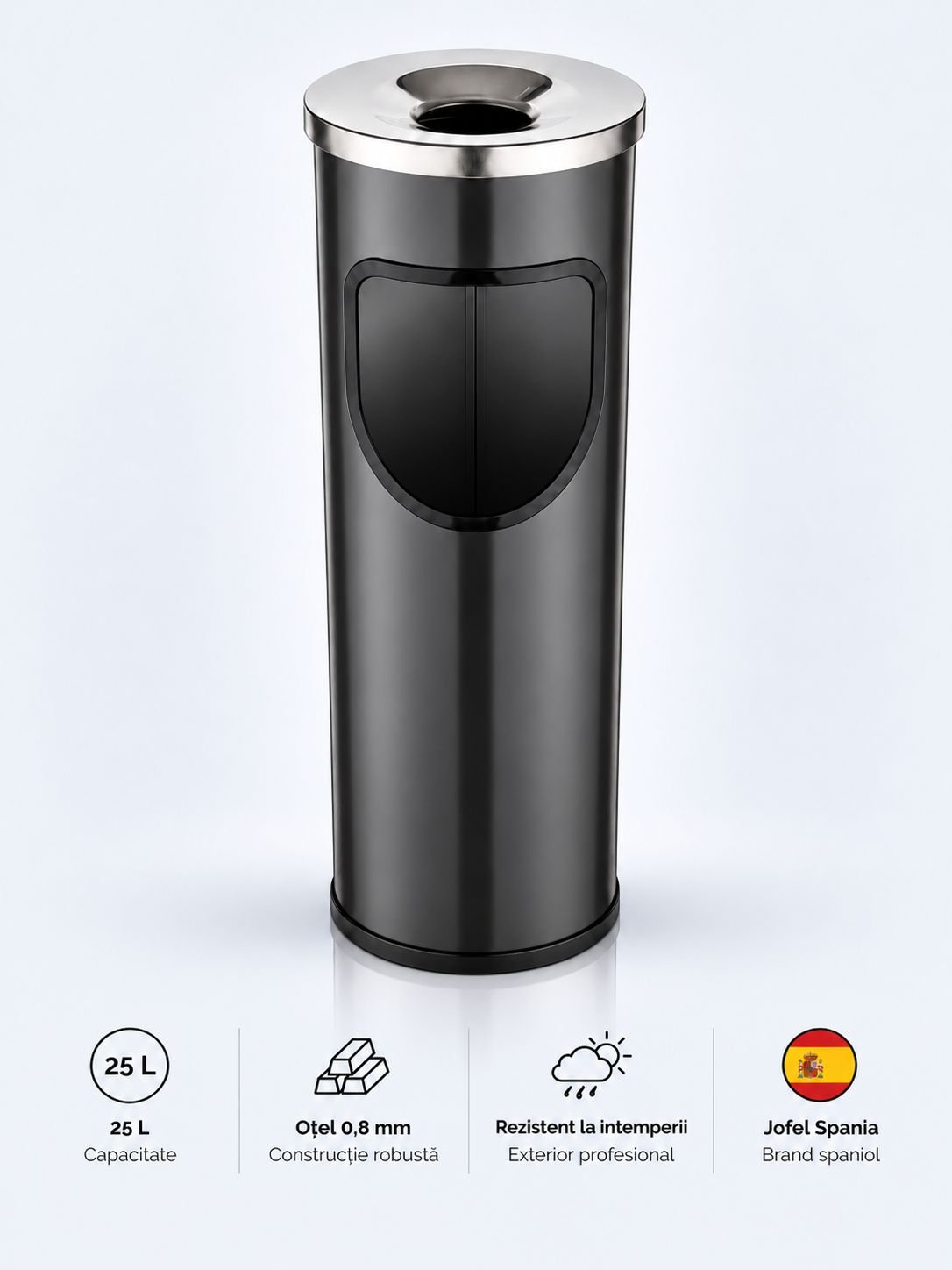 Coș de gunoi Jofel Premium 25 L cu scrumieră din inox integrată, Black