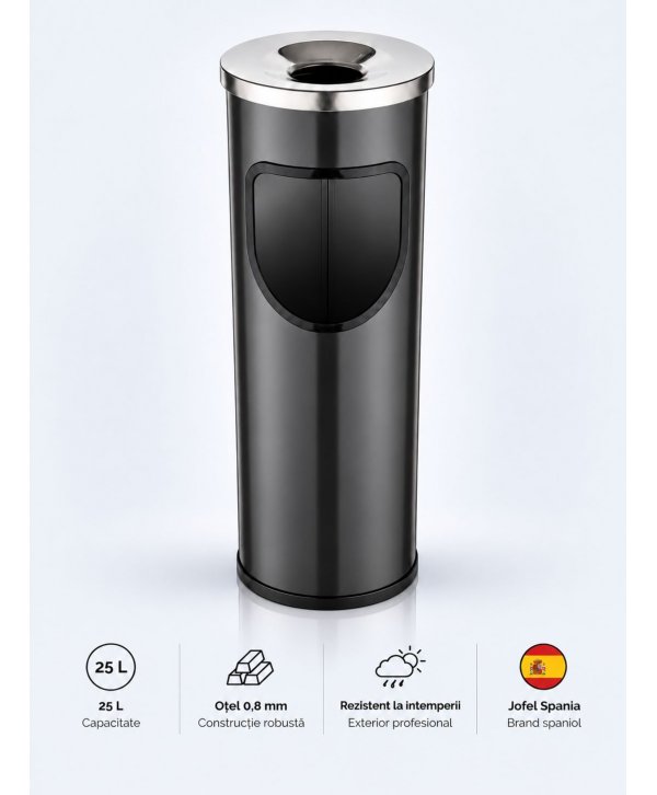 Coș de gunoi Jofel Premium 25 L cu scrumieră din inox integrată, Black Coș de gunoi Jofel Premium 25 L cu scrumieră din inox integrată, Black