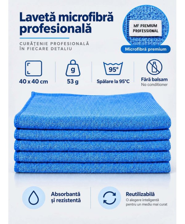 Pachet 5 lavete microfibră PREMIUM PROFESSIONAL 40×40 cm, 53 g – Albastru pentru Spații Administrative și Zone Comune