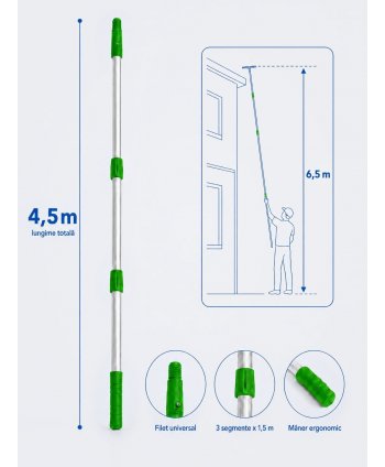 Mâner Telescopic Profesional din Aluminiu pentru Curățenie la Înălțime Mare - 4,5 metri (3 buc x 1,5 metri)
