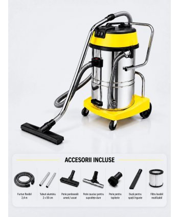 Aspirator profesional umed/uscat, Putere 3600 W, 80 L inox, 2500 mm H2O, 5 ani Garantie, ArliTech® CH803