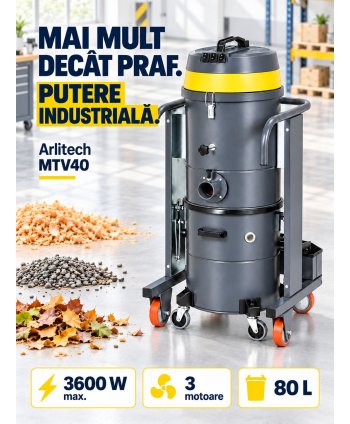 Aspirator industrial Arlitech MTV40, 3600 W, 3 motoare, 80 L – putere mare pentru reziduuri dificile