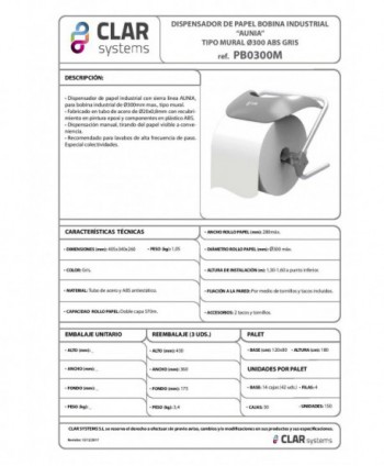 Dispenser industrial din metal si plastic cu fixare pe perete pentru role de hârtie mari Clar Systems – Robust si Eficient
