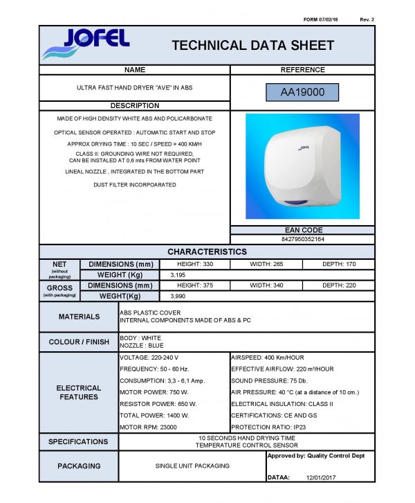 Uscator de maini Jofel AVE Ultra-Fast alb – 1400 W, antivandal, HEPA Uscator de maini Jofel AVE Ultra-Fast alb – 1400 W, antivandal, HEPA