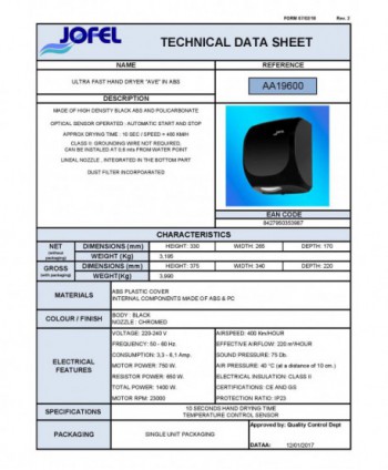 Uscator de maini Jofel AVE Ultra-Fast negru lucios – antivandal, HEPA