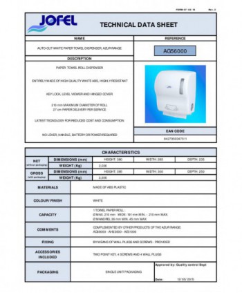 Dispenser Prosop Hartie Rola Autocut  Jofel AZUR, Reducere Consum de Hartie, Calitate Superioara, Profesional, alb