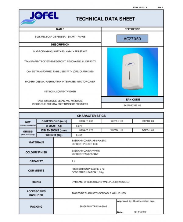Dozator sapun lichid Jofel SMART, capacitate 1000 ml, vizor de nivel, ABS de inalta calitate, inchidere cu cheie, alb