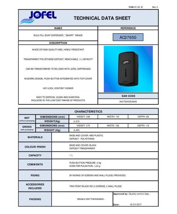 Dozator sapun lichid Jofel SMART, capacitate 1000 ml, vizor de nivel, ABS de inalta calitate, inchidere cu cheie, negru Dozator sapun lichid Jofel SMART, capacitate 1000 ml, vizor de nivel, ABS de inalta calitate, inchidere cu cheie, negru
