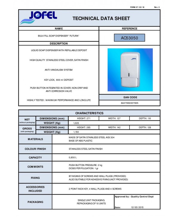 Dozator din inox satinat pentru sapun lichid din gama Jofel Futura, antivandalism, design minimalist, calitate premium Dozator din inox satinat pentru sapun lichid din gama Jofel Futura, antivandalism, design minimalist, calitate premium