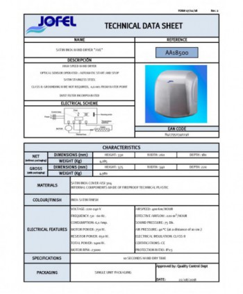 Uscator de maini Jofel AVE inox satinat – antivandal, HEPA, zone umede