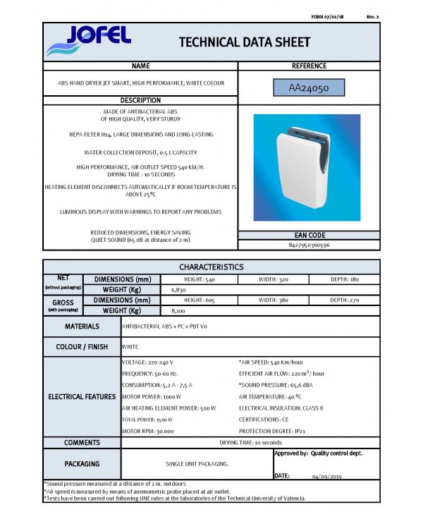Uscator de maini Jofel Smart alb – SteriTouch, HEPA, 1500 W Uscator de maini Jofel Smart alb – SteriTouch, HEPA, 1500 W