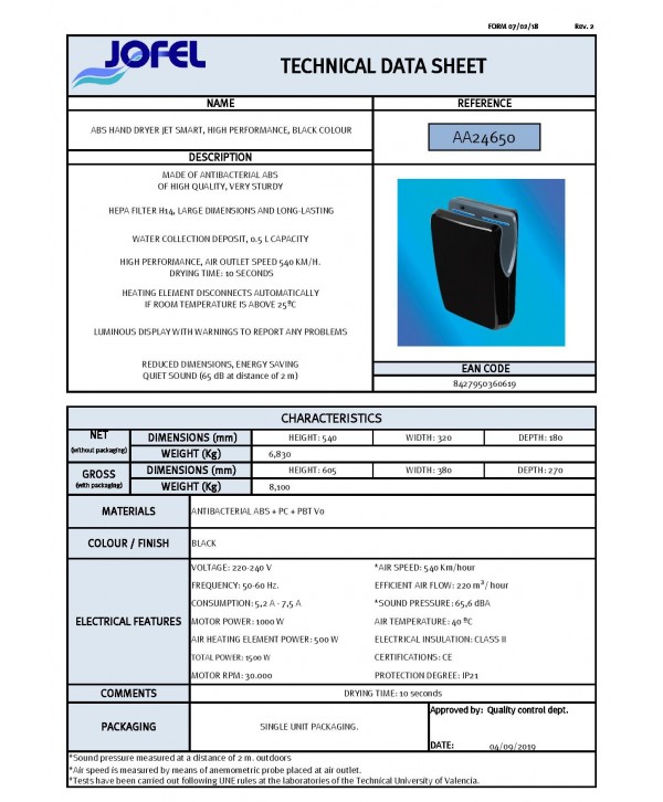 Uscator de maini Jofel Smart negru – SteriTouch, HEPA, 1500 W Uscator de maini Jofel Smart negru – SteriTouch, HEPA, 1500 W