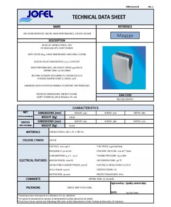 Uscator de maini Jofel Smart silver – SteriTouch, HEPA, 1500 W
