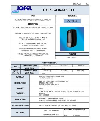 Dozator de sapun Jofel AITANA cu reumplere cu rezerva in sistem MIX 1000 ml, fabricat in Spania, negru