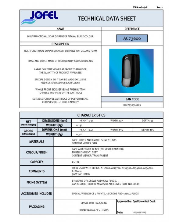 Dozator de sapun Jofel AITANA cu reumplere cu rezerva in sistem MIX 1000 ml, fabricat in Spania, negru Dozator de sapun Jofel AITANA cu reumplere cu rezerva in sistem MIX 1000 ml, fabricat in Spania, negru