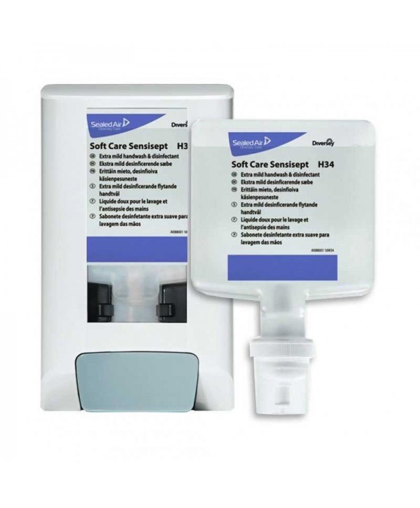  Dozatoare si statii de dezinfectare - - Dozator alb manual + 2*1300 ml Sapun dezinfectant medical Soft Care Sensisept - arli.ro