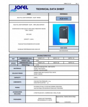Dozator de Săpun Lichid Jofel AZUR, capacitate 800 ml, inchidere cu cheie, ABS negru de inalta calitate