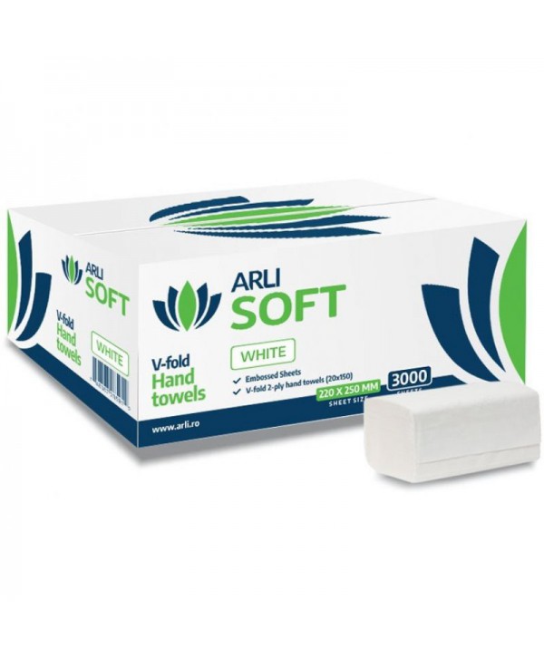 Consumabile hartie - - Prosoape de hartie pliate ArliSoft® V-Fold White 🏆 2 straturi, celuloza 100%, 3000 buc, 20 pach x 150 servetele, 22 x 25 cm - arli.ro