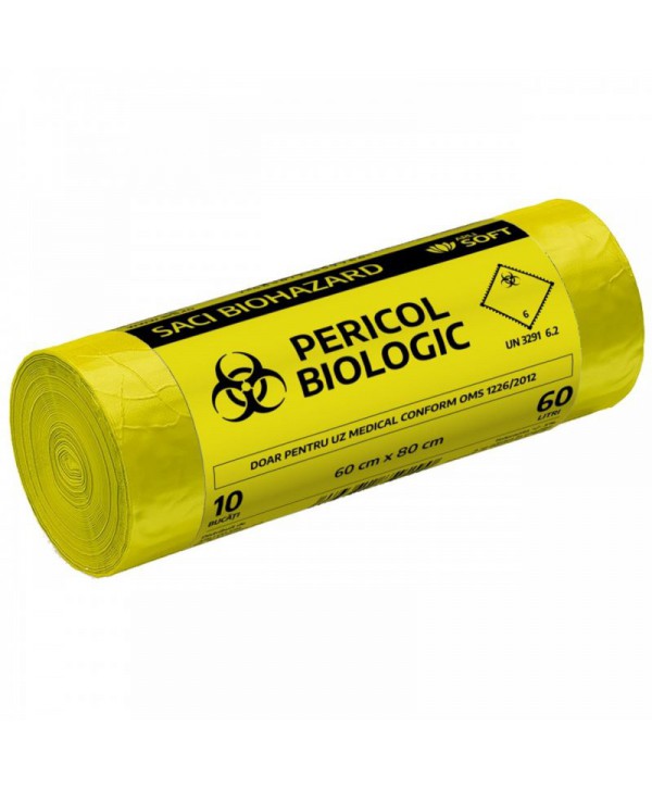 Saci menajeri - - Saci inscriptionati „Pericol biologic”, galbeni ArliSoft - 60 litri - arli.ro