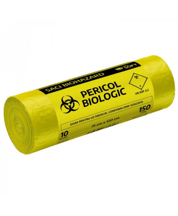 Saci menajeri - - Saci inscriptionati „Pericol biologic”, galbeni ArliSoft - 150 litri - arli.ro