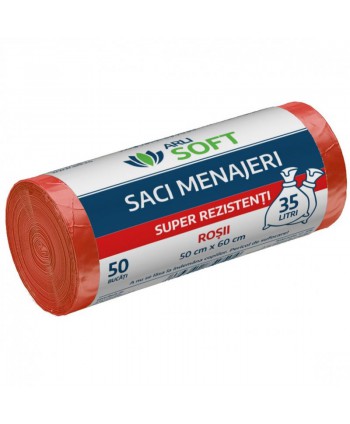  Saci menajeri - Saci menajeri 35 litri, super rezistenti, grosime 6,5 microni, 50 buc / rola, rosii, ArliSoft® - arli.ro