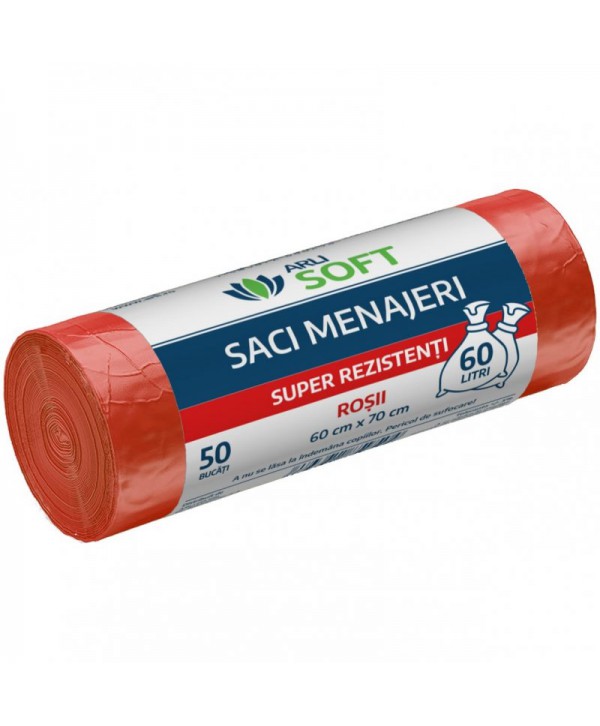  Saci menajeri - - Saci menajeri 60 litri, super rezistenti, grosime 6,5 microni, 50 buc / rola, rosii, ArliSoft® - arli.ro