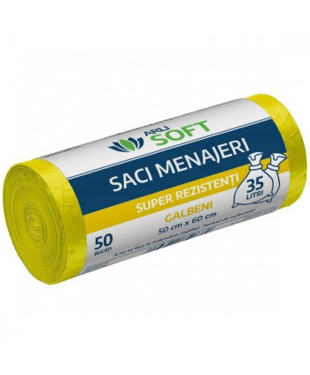  Saci menajeri - Saci menajeri 35 litri, super rezistenti, grosime 6,5 microni, 50 buc / rola, galbeni, ArliSoft® - arli.ro