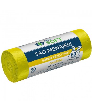  Saci menajeri - Saci menajeri 60 litri, super rezistenti, grosime 6,5 microni, 50 buc / rola, galbeni, ArliSoft® - arli.ro