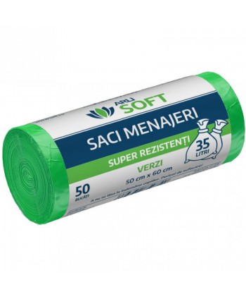  Saci menajeri - Saci menajeri 35 litri, super rezistenti, grosime 6,5 microni, 50 buc / rola, verzi, ArliSoft® - arli.ro