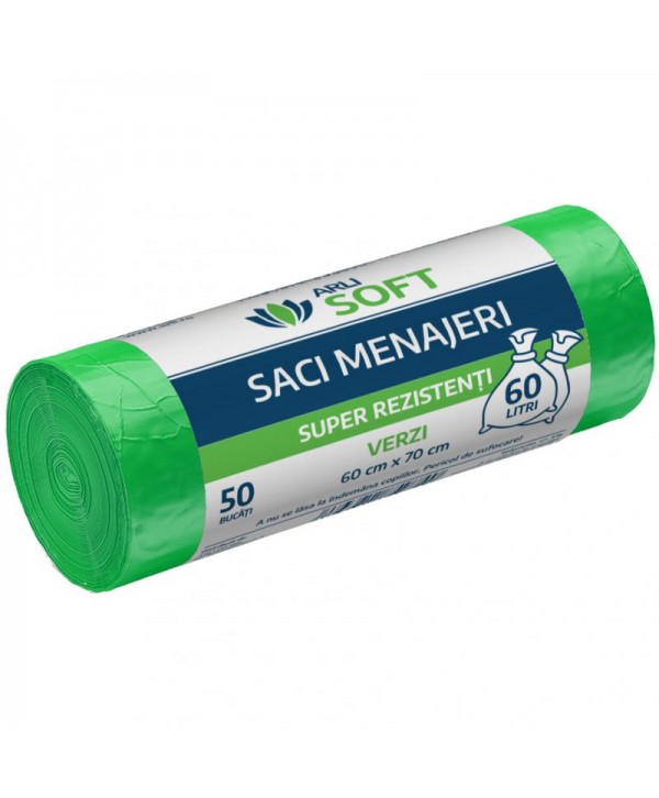 Saci menajeri - - Saci Menajeri Verzi 🟢 60 Litri ArliSoft® 50 buc/rola – Super Rezistenți pentru Colectarea Selectivă a Deșeurilor - arli.ro