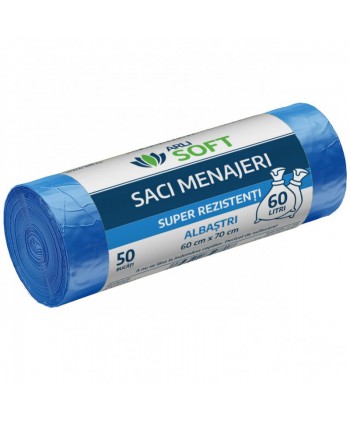  Saci menajeri - Saci menajeri 60 litri, super rezistenti, grosime 6,5 microni, 50 buc / rola, albastri, ArliSoft® - arli.ro