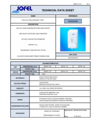 Dozator de Săpun Spumă Jofel AZUR – Eficiență și Versatilitate într-un Design Compact cu rezervor de 800 ml