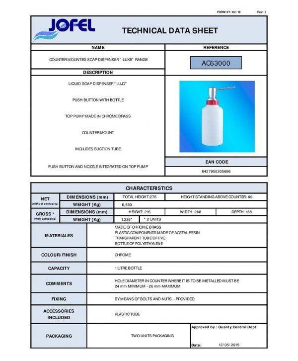 Dozator profesional de sapun lichid fabricat din inox cu sistem de incastrare in blatul chiuvetei, rezervor 1L, Jofel Dozator profesional de sapun lichid fabricat din inox cu sistem de incastrare in blatul chiuvetei, rezervor 1L, Jofel
