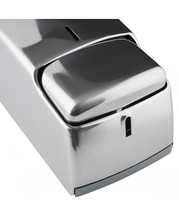 Dozator din inox lucios pentru sapun lichid din gama Jofel Futura, antivandalism, design minimalist, calitate premium