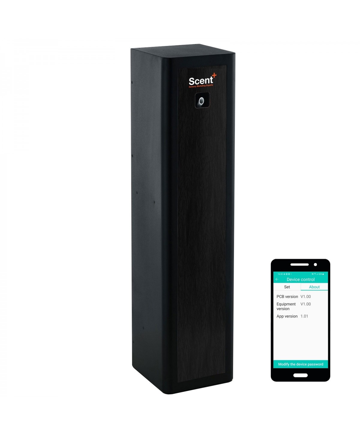 Aparat odorizant ulei esential, acoperire 200 mp, magazine, showroom-uri, priza, app, bluetooth, negru, ScentPlus 830