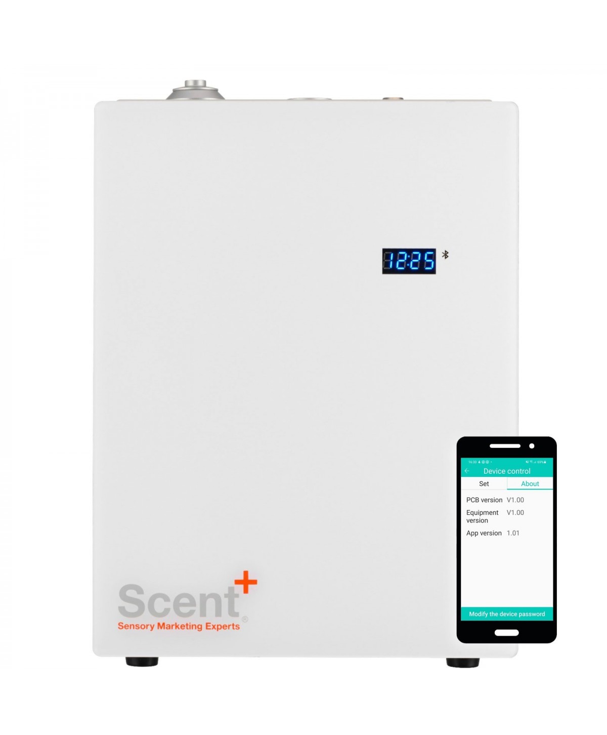 Dispozitiv odorizant industrial pt ulei esential, acoperire 3000 mp, antivandalism, app, bluetooth, HVAC, alb, ScentPlus 3000