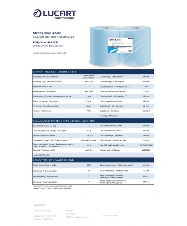 2 🧻 Hârtie Prosop Industrială 100% celuloza, 3 straturi, 500 portii, 150 metri, Ecolabel, Lucart Strong 851323
