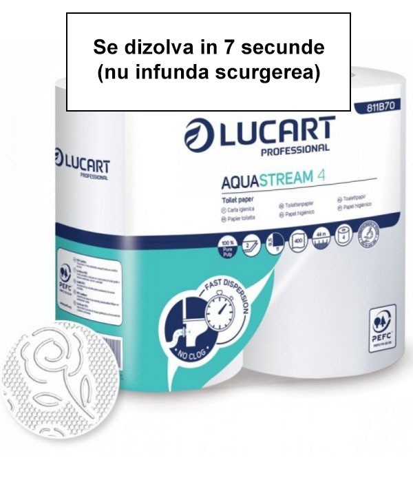  Hartie igienica - - Hartie igienica cu dizovare in 7 secunde pt canalizari dificile, trenuri, avioane, Lucart Aquastream, pachet 4 role x 44 metri - arli.ro