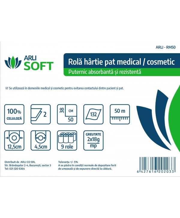 Rola hârtie cearceaf pat medical, cosmetic, masaj ArliSoft® 50 cm x 50 metri – Scutul🛡 de igienă pentru pacienți și clienți