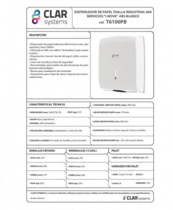 Dispenser Prosop Hârtie CLAR Systems I-NOVA alb – Funcționalitate și Eleganță pentru Spații de Igienă Profesională