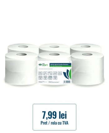  Hartie igienica - Hartie igienica jumbo pentru dispenser, extra alba, 2 straturi, 100% celuloza, ArliSoft Business, pachet 12 role x 130 metri - arli.ro